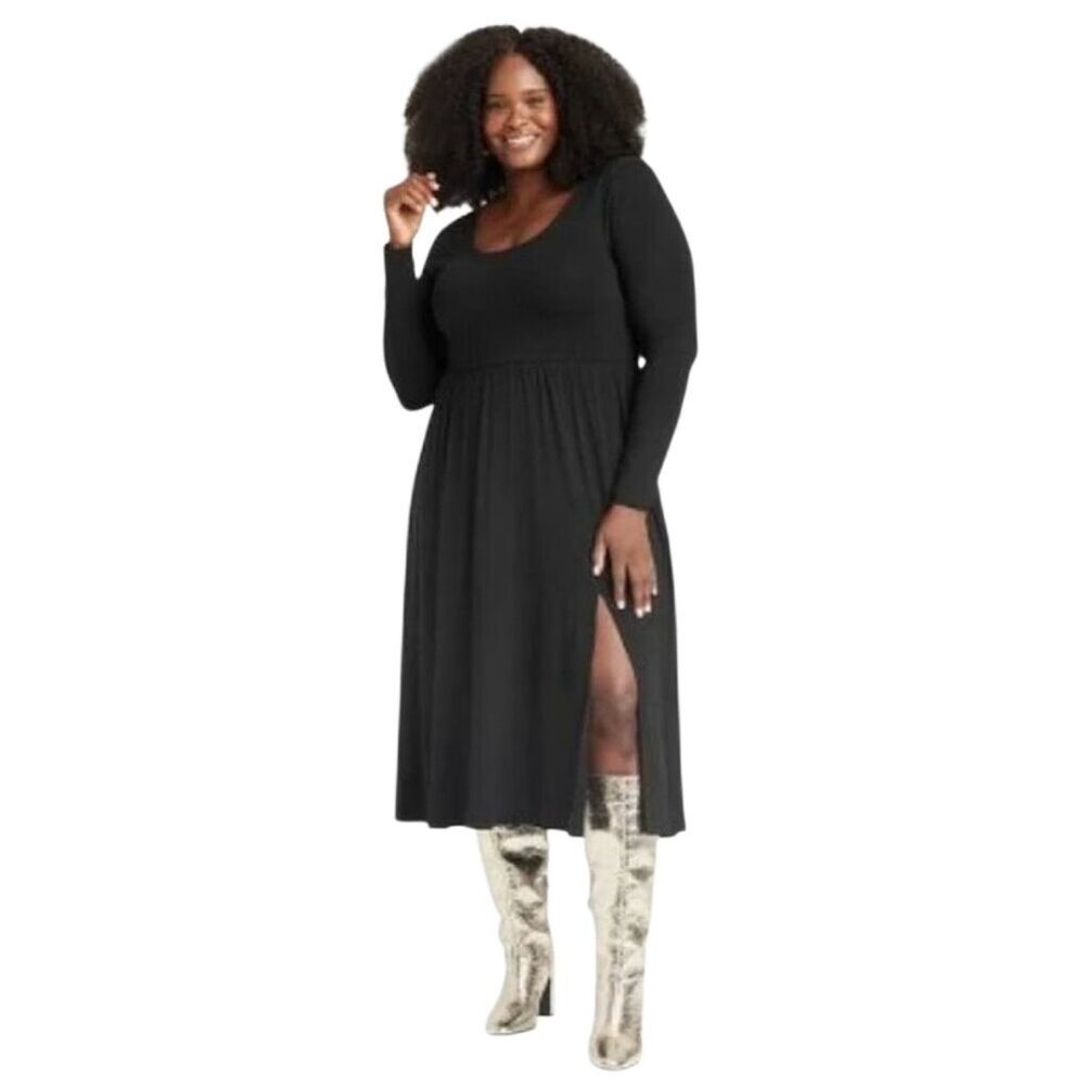 A New Day Women's 4X Long Sleeve Knit Ballet Maxi Dress Black‎ With Slit NEW